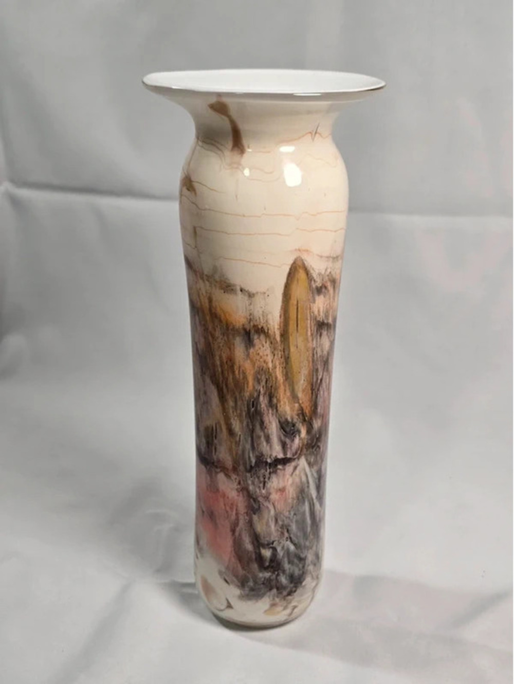 Tall Marbled Art Glass Vase Cream Brown Abstract Flared Rim 10.5"